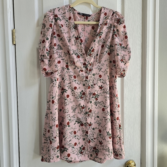 Satin Rose Floral Print Pink Mini Dress - Picture 5 of 12